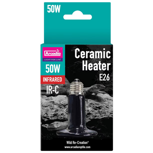 Arcadia 50W ceramic heater packaging with a black background and lizard image.