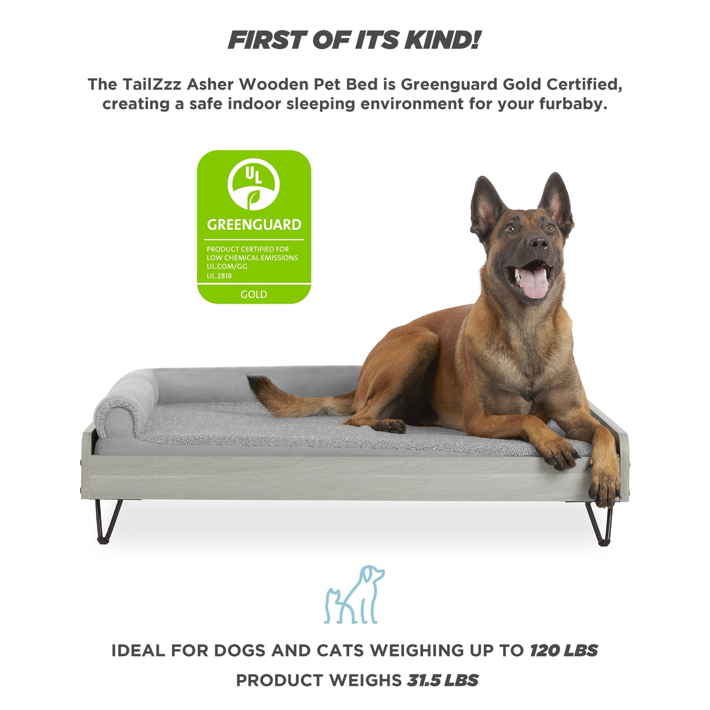 TailZzz Asher Wooden Elevated Pet Bed with Mattress, Greenguard Gold Certified. Ideal for Dogs and Cats weighing up to 120 LBS. Product weighs 31.5 LBS.