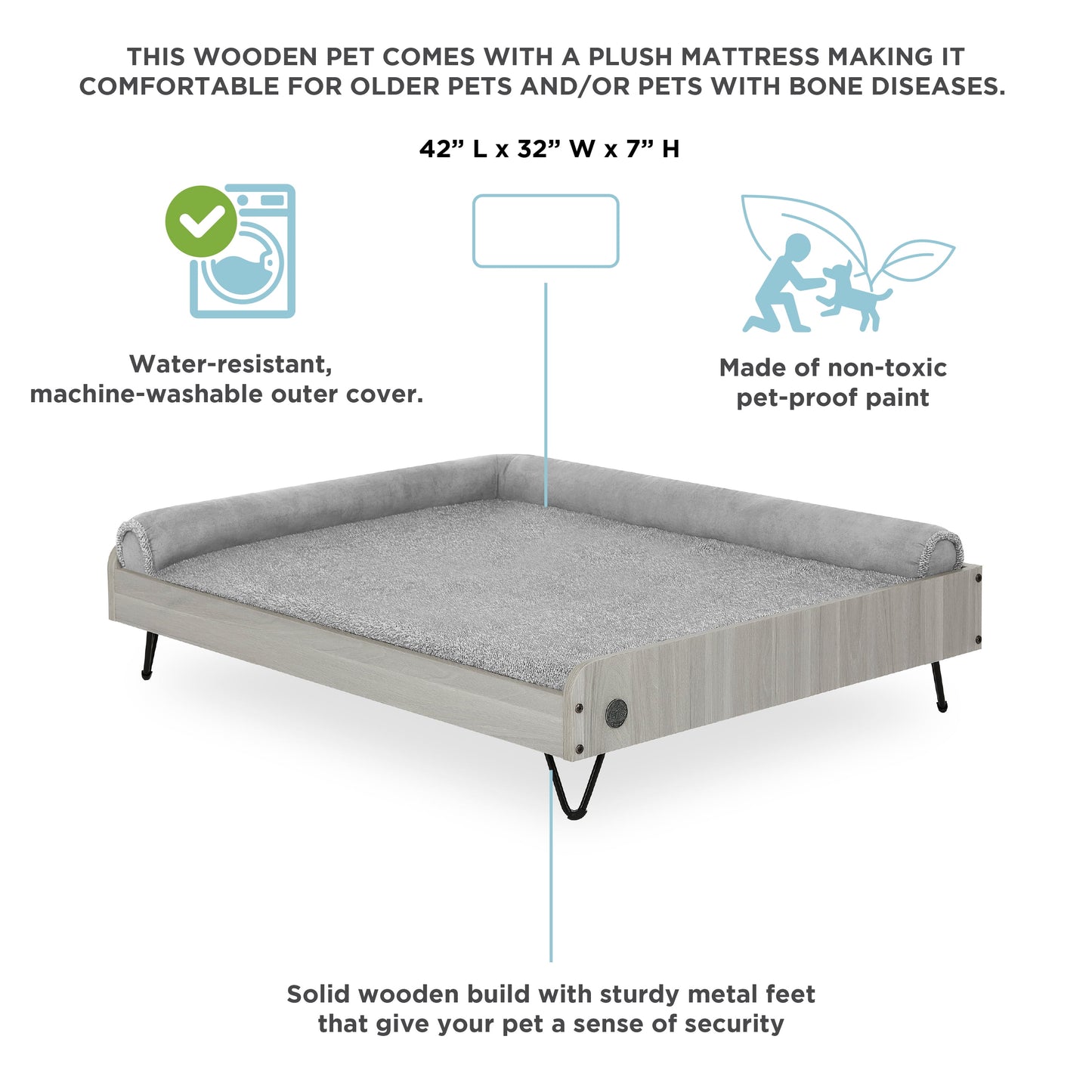 TailZzz Asher Small Wooden Elevated Pet Bed with Mattress, Greenguard Gold Certified with Dimensions and product features.