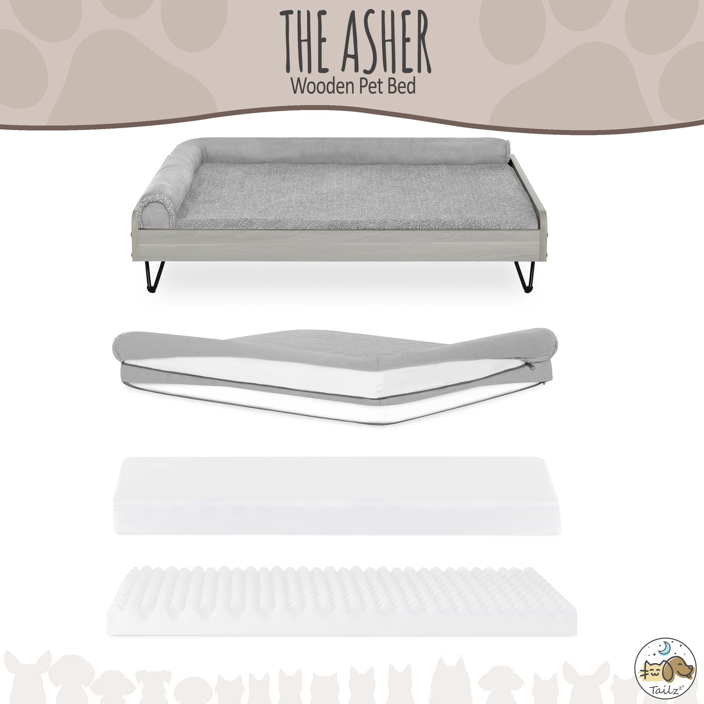 Asher Small Wooden Elevated Pet Bed with Mattress, Greenguard Gold Certified