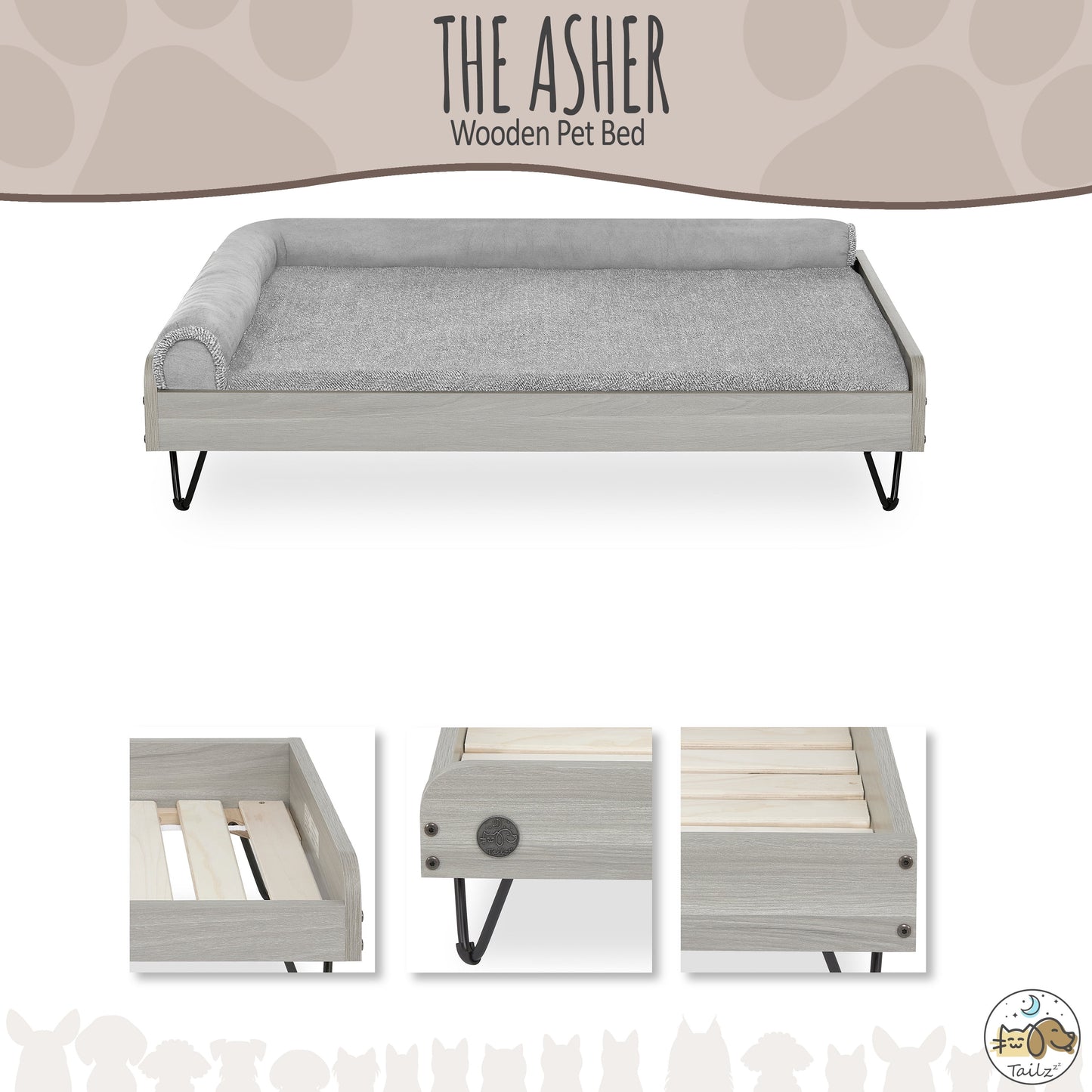 Asher Small Wooden Elevated Pet Bed with Mattress, Greenguard Gold Certified