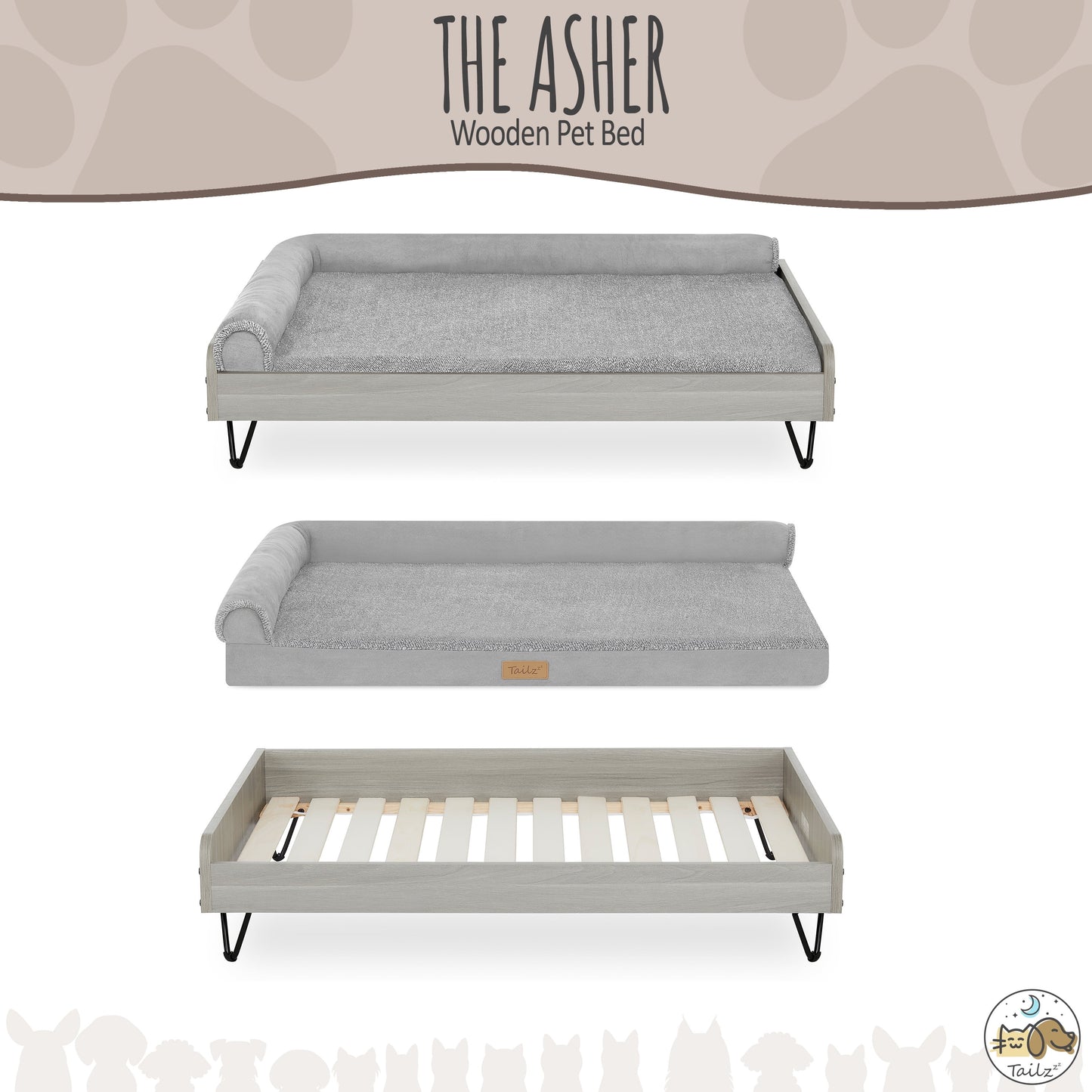 Asher Small Wooden Elevated Pet Bed with Mattress, Greenguard Gold Certified