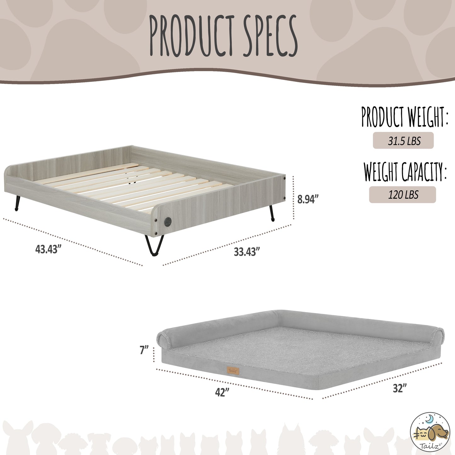 Asher Small Wooden Elevated Pet Bed with Mattress, Greenguard Gold Certified