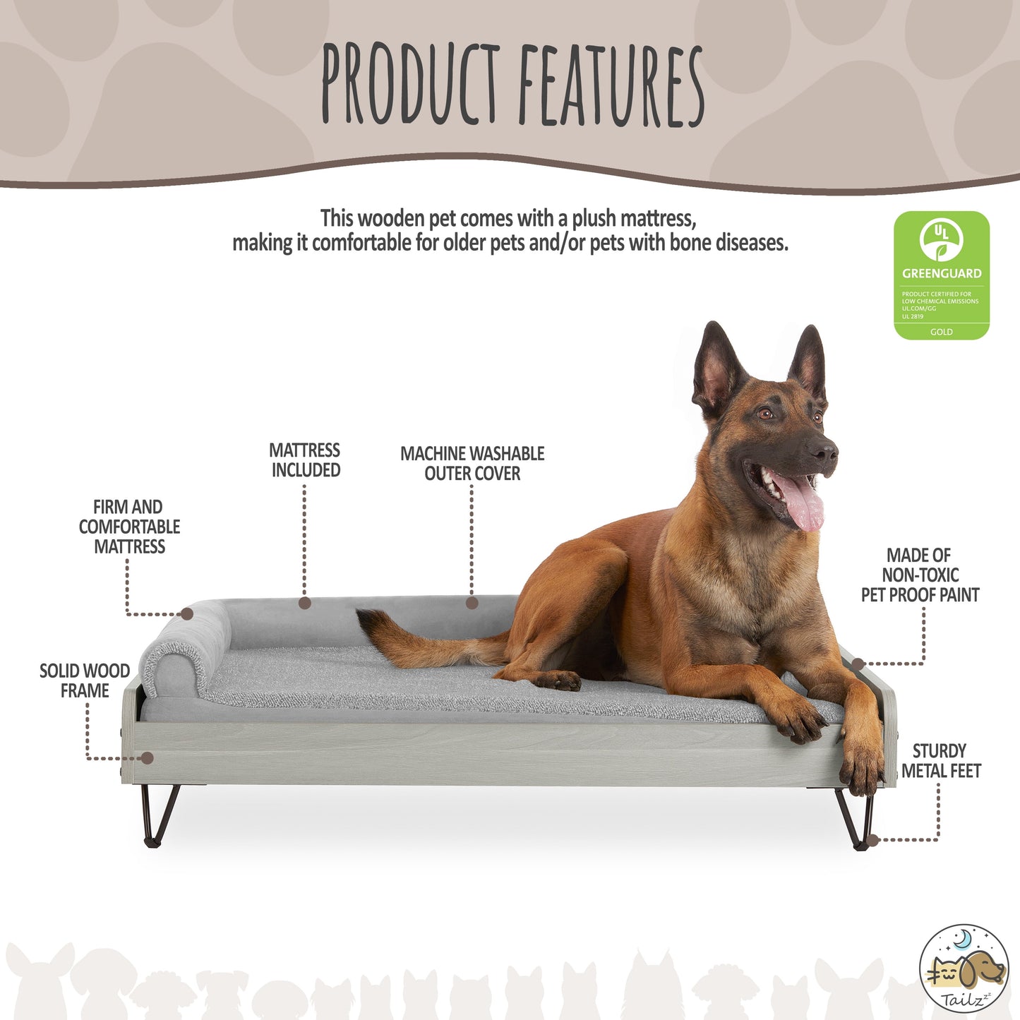 Asher Small Wooden Elevated Pet Bed with Mattress, Greenguard Gold Certified