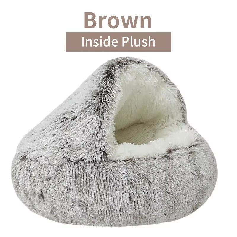 Gray cozy and comfortable pet bed with brown interior on a white background.