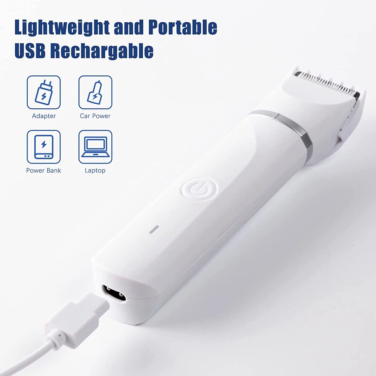 White USB rechargeable device with charging cable on a light gray background