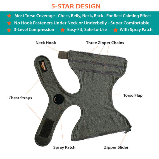 Gray dog harness with labeled parts on a white background