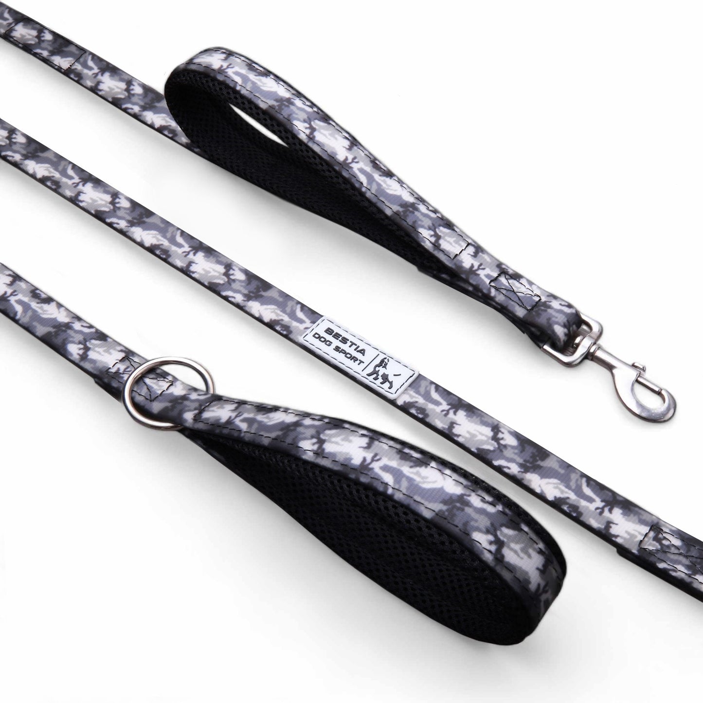 Dog leash with floral pattern and black handle on a white background