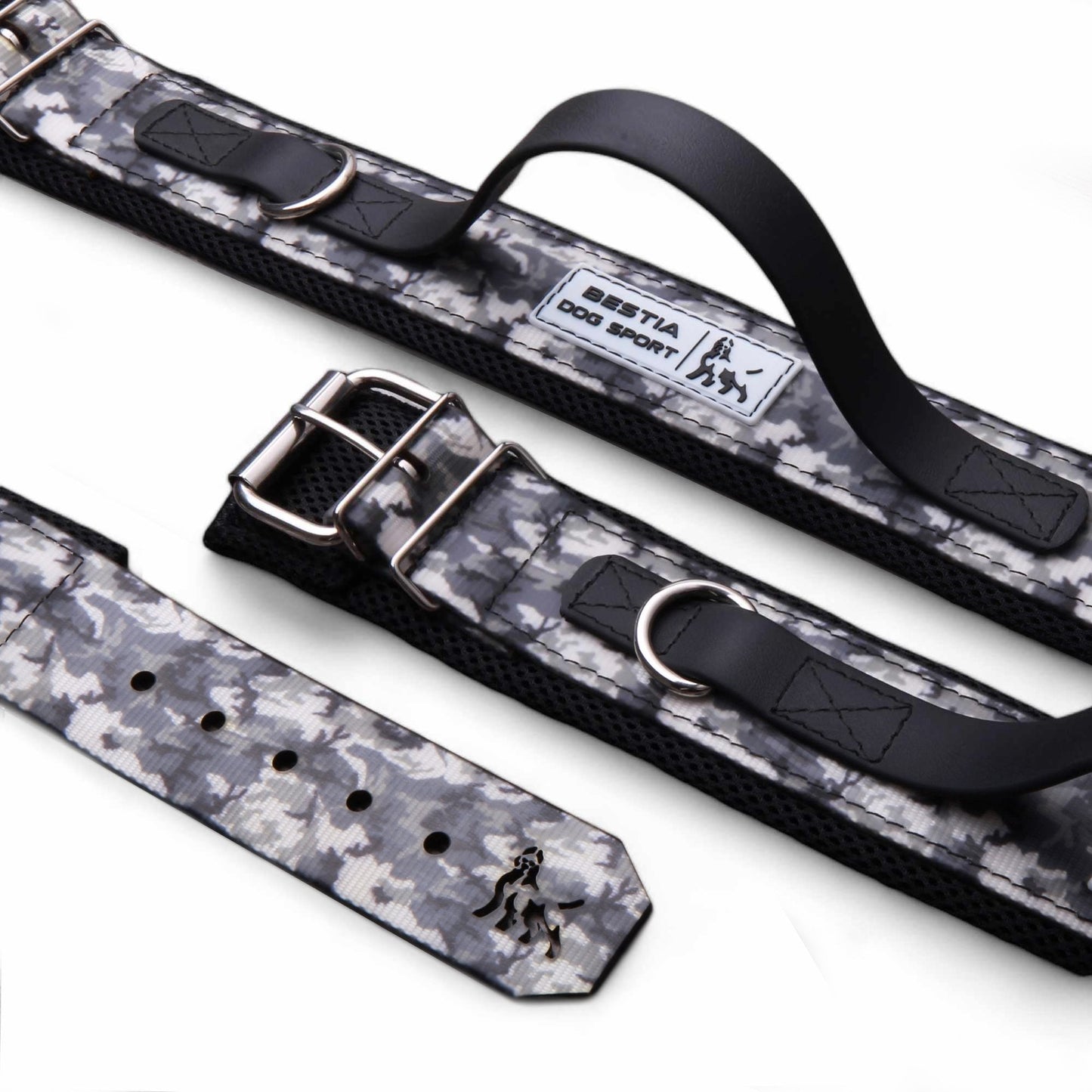 Two dog collars with a camouflage pattern on a white background