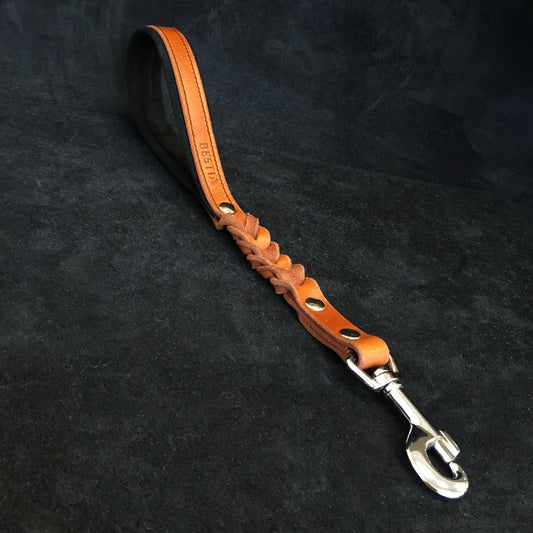 Brown leather dog leash with metal clip on a black background