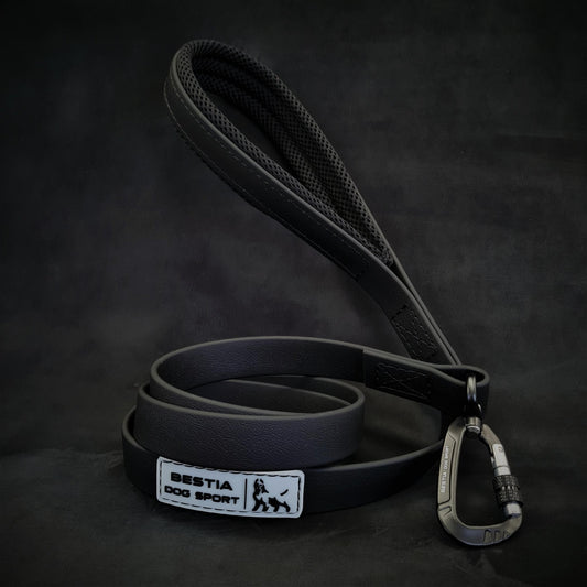 Black dog leash with carabiner on a dark background