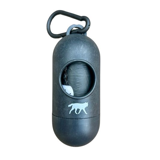 Black pepper spray container with a carabiner on a white background