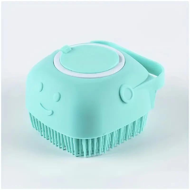 Turquoise cleaning brush with a smiley face on a white background.