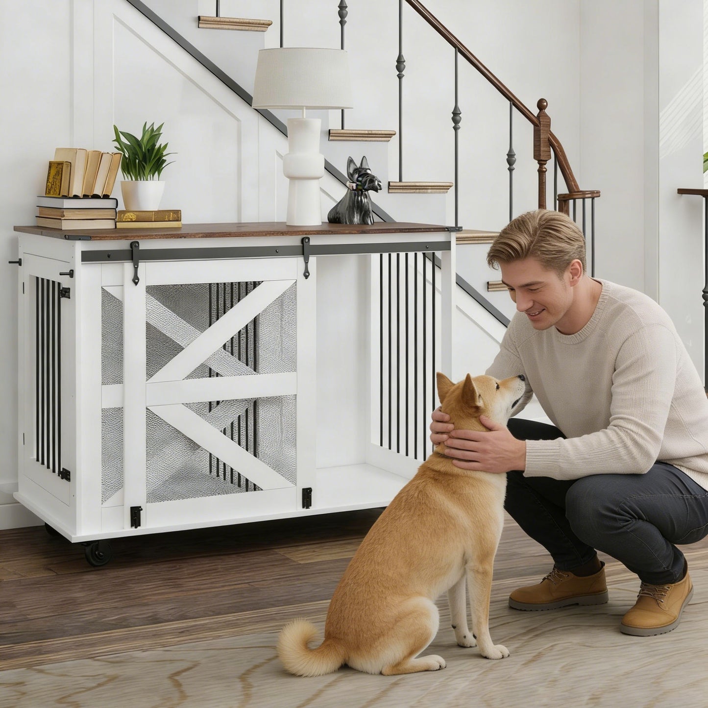 Man petting a dog in a home setting with a white pet crate.