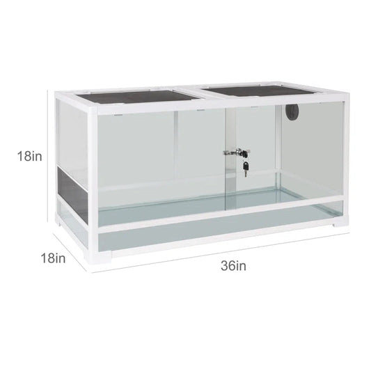 White display case with dimensions labeled on a white background