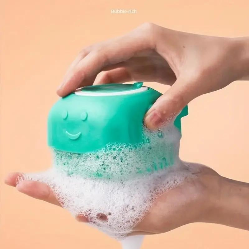 Hand holding a green bubble machine with bubbles against a peach background.
