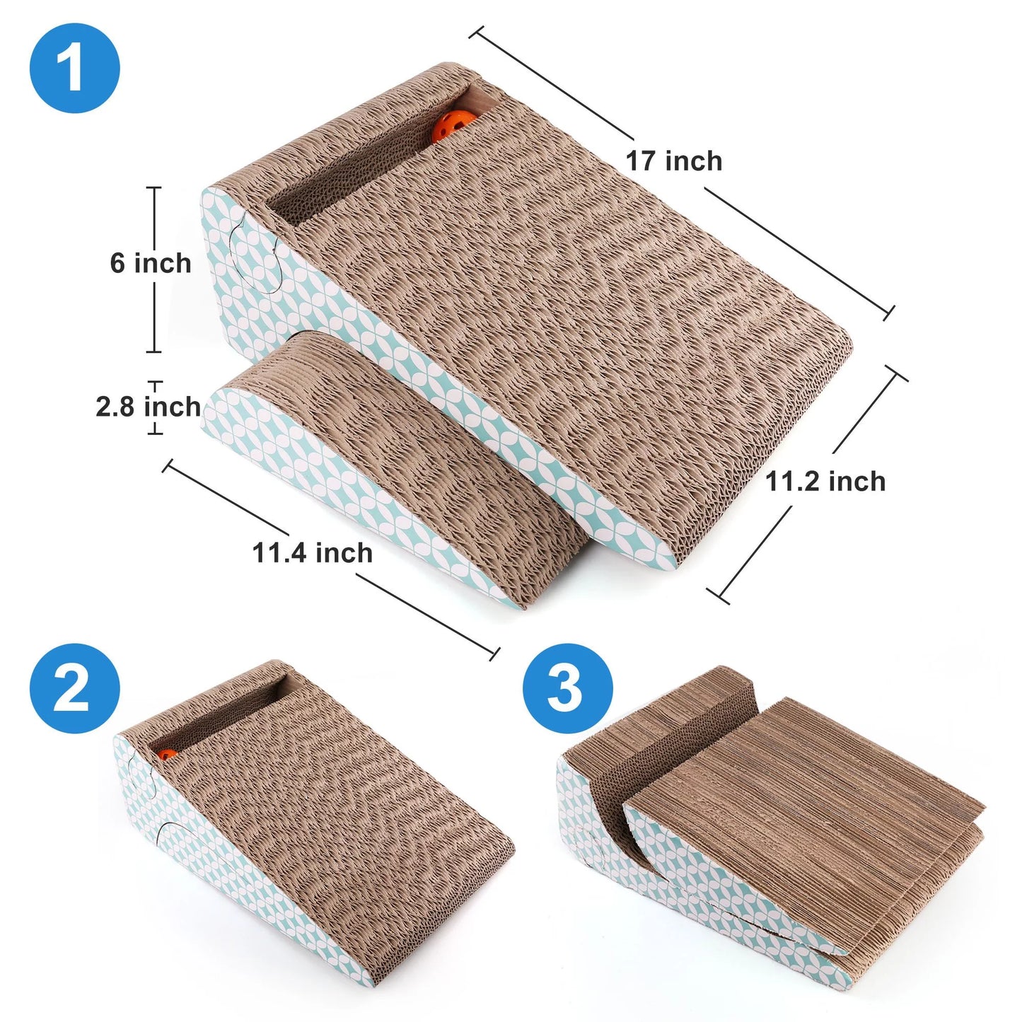 2-In-1 Cat Scratcher Cardboard, Corrugated Cat Scratch Pad with Ball Toy, Catnip, and Dimensions.