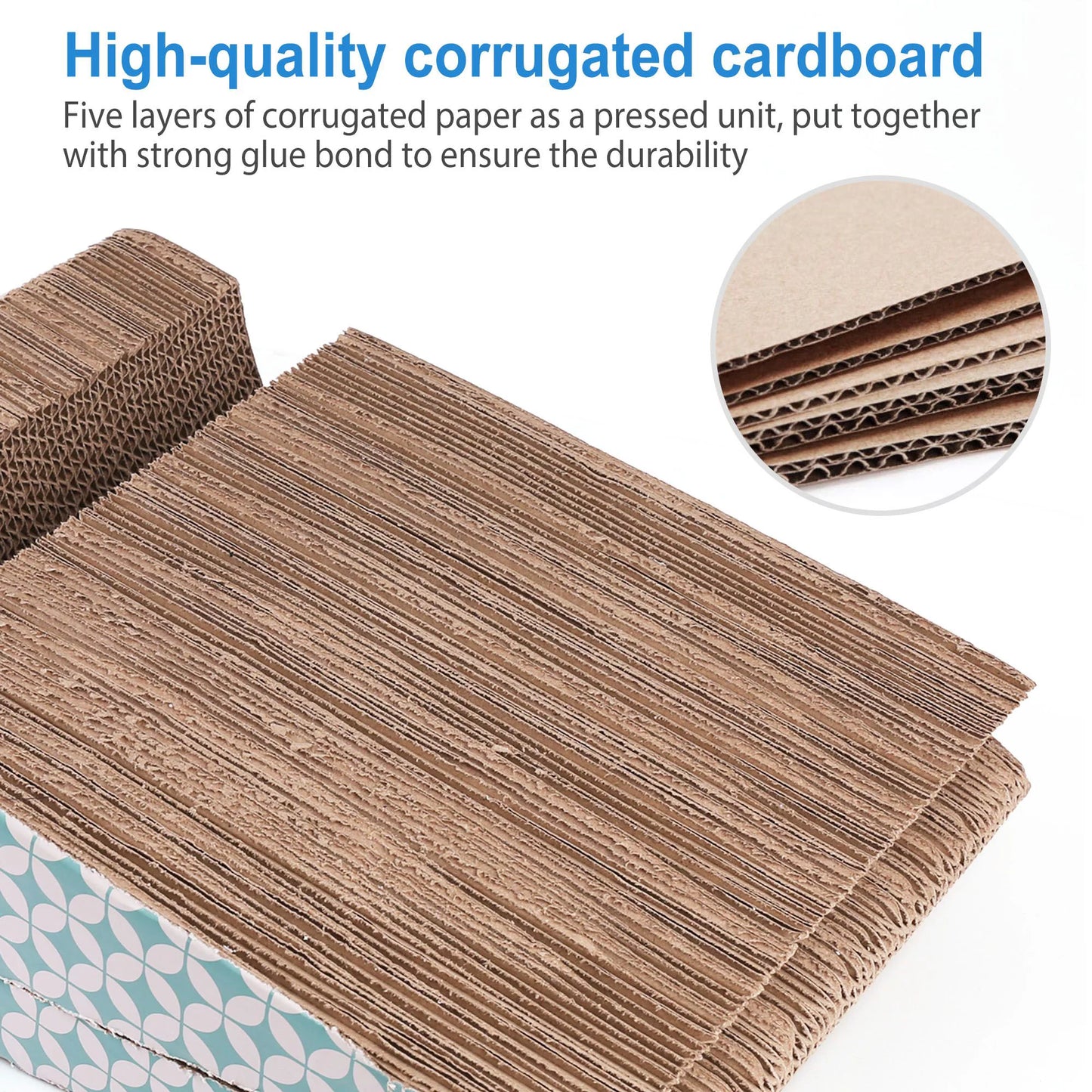 High-quality corrugated cardboard with text explaining its durability.