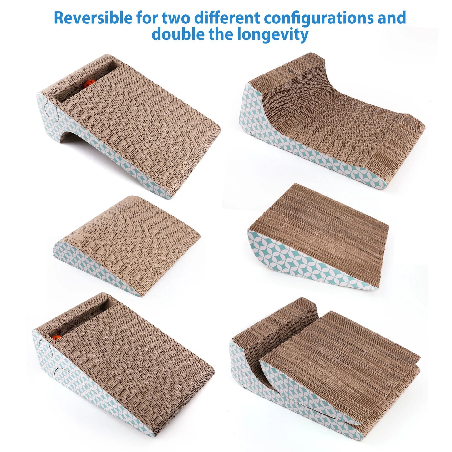2-In-1 Cat Scratcher Cardboard, Corrugated Cat Scratch Pad -Reversible Textured Cat Scratchers with Different Configurations on a White Background.