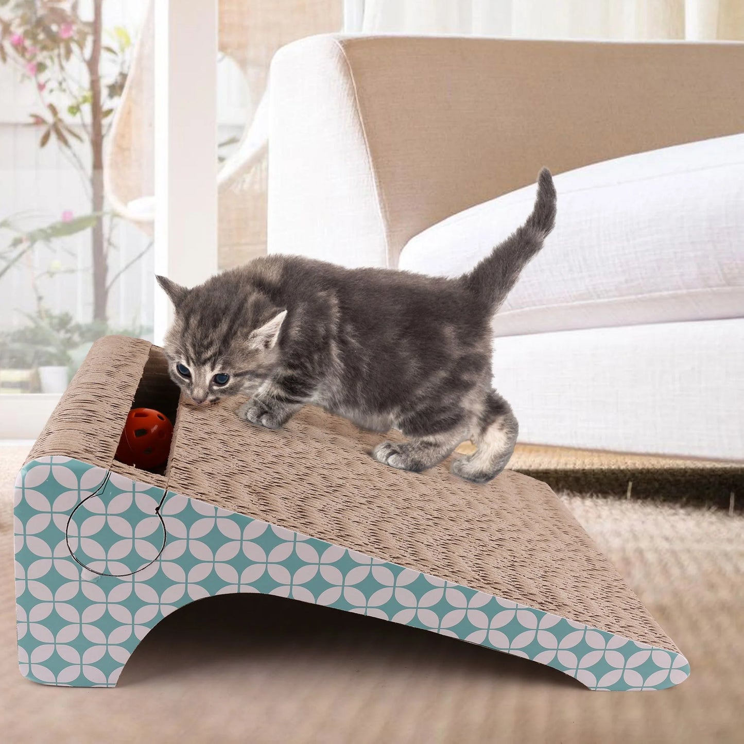 2-In-1 Cat Scratcher Cardboard, Corrugated Cat Scratch Pad - Kitten Playing on a Patterned Cat Scratcher in a Home Setting.