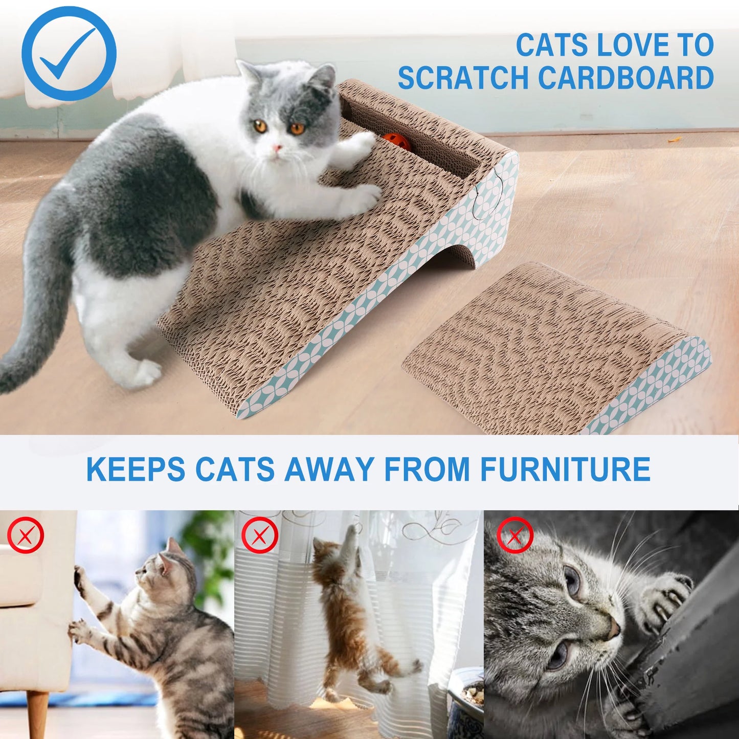 2-In-1 Cat Scratcher Cardboard, Corrugated Cat Scratch Pad - Cats using a Cardboard Scratcher with Text indicating its Benefits and Drawbacks.