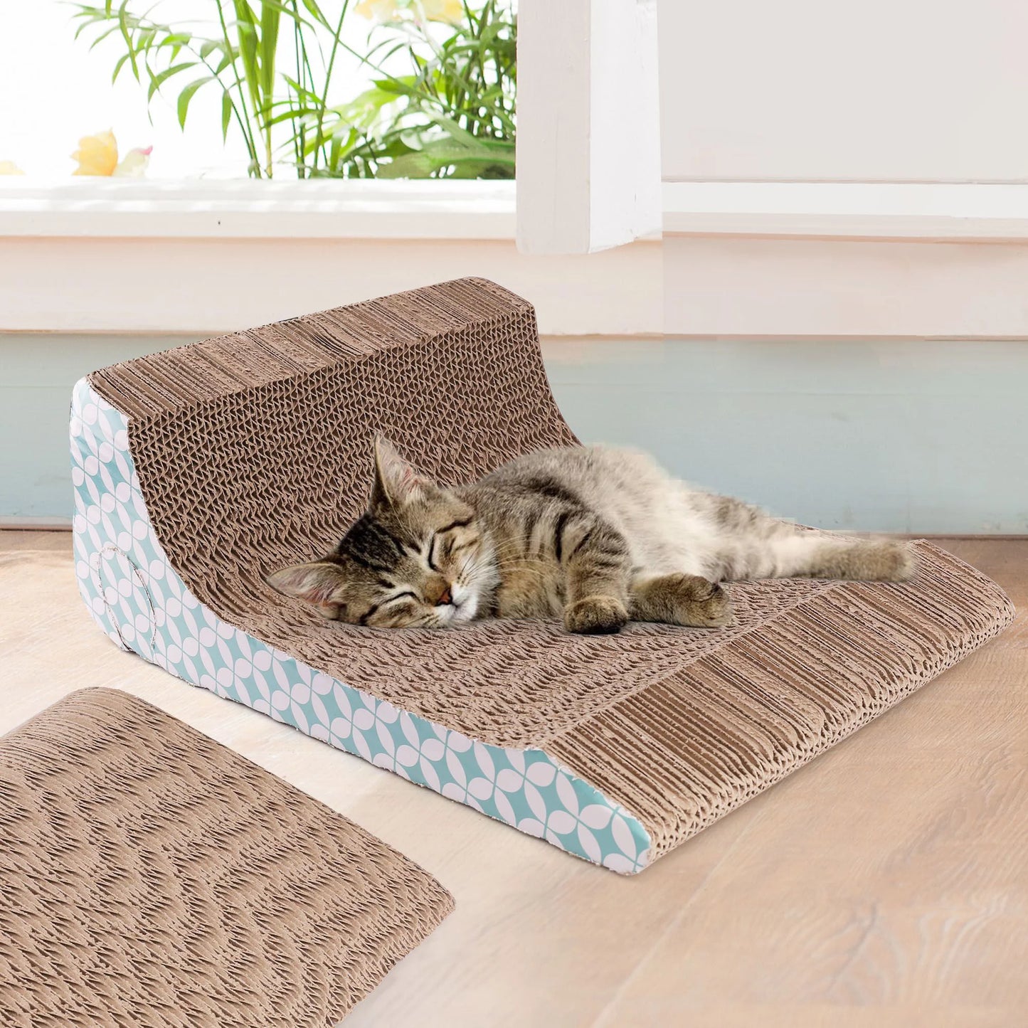 2-In-1 Cat Scratcher Cardboard, Corrugated Cat Scratch Pad - Cat Resting on a Textured Cat Scratcher with a Window and Plants in the Background.
