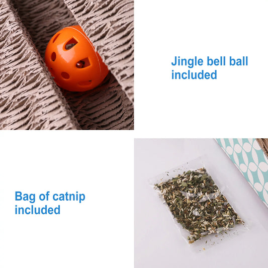 2-In-1 Cat Scratcher Cardboard, Corrugated Cat Scratch Pad - Orange jingle Bell Ball and Bag of Catnip on a Textured Surface with Text Indicating Included Items.