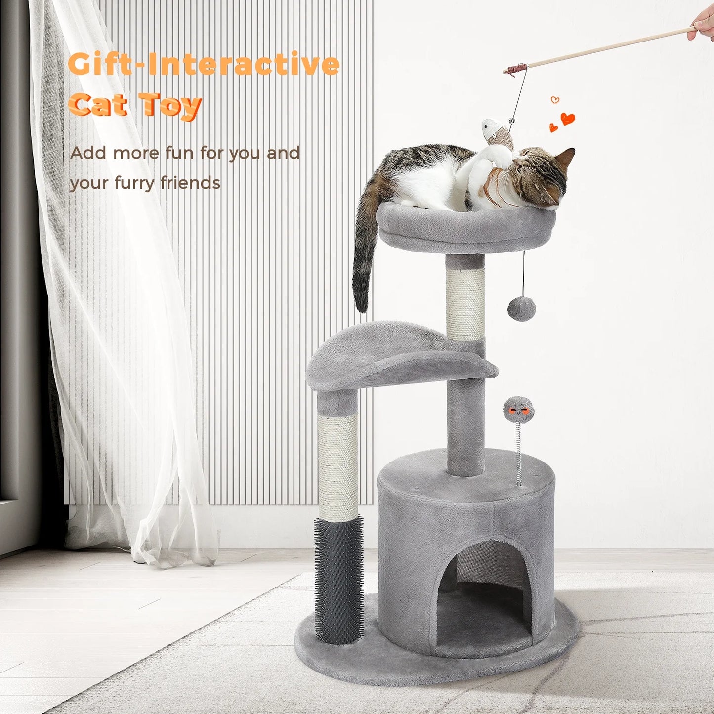 Cat playing with an Interactive Toy on a Multi-Level Cat Tree in a room.