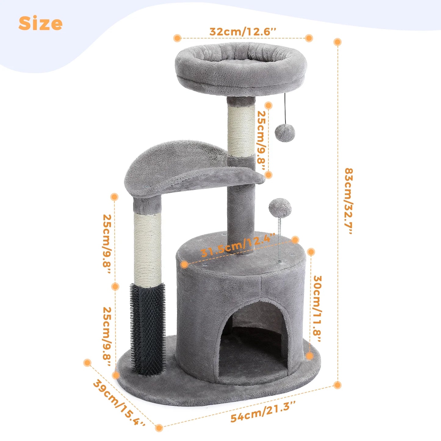 Gray Cat Tree with Dimensions Labeled on a white background.