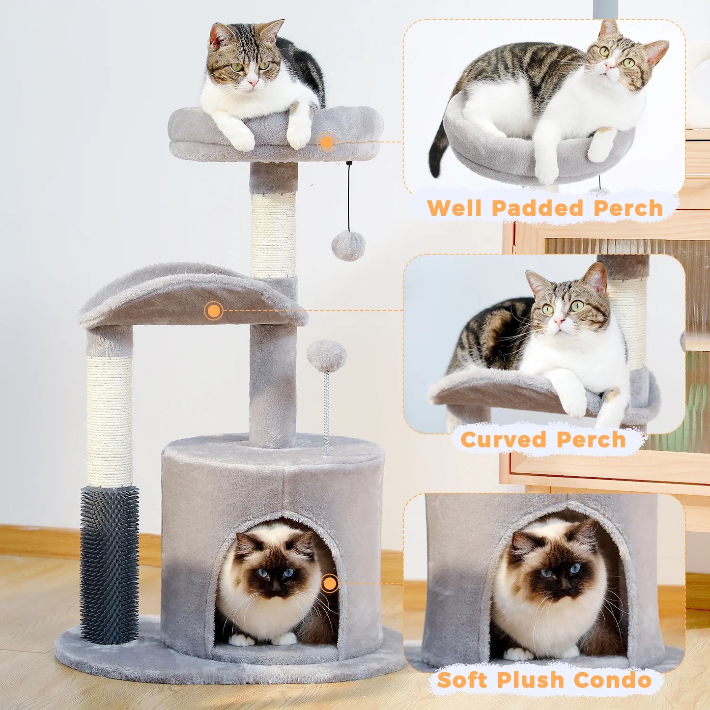 Cat Tree with various features like a Well-Padded Perch, Curved Perch, and Soft Plush Condo with Cats using it.