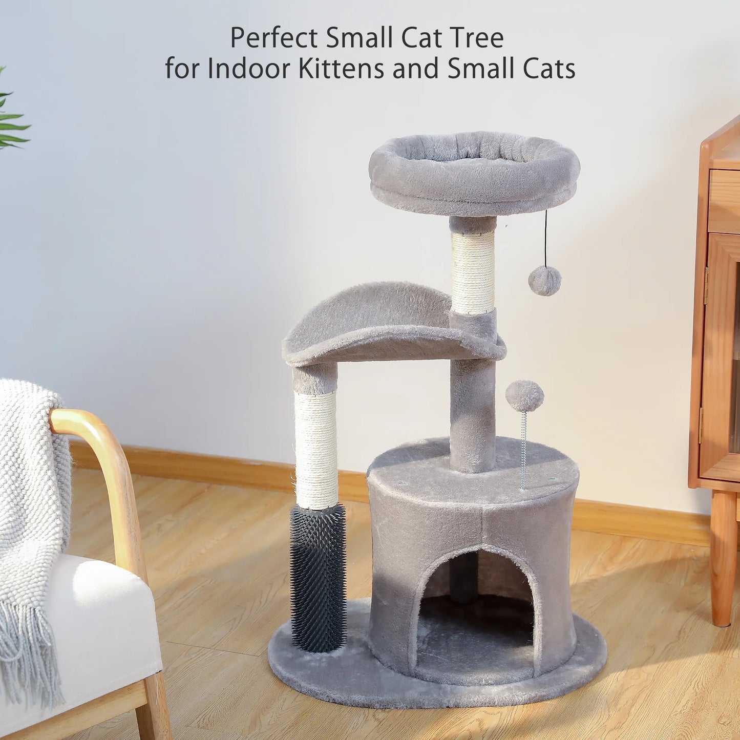 32.7" Cat Tree Small Cat Tower Kitten Scratching Posts Condo with Self-Grooming Toy, Gray.