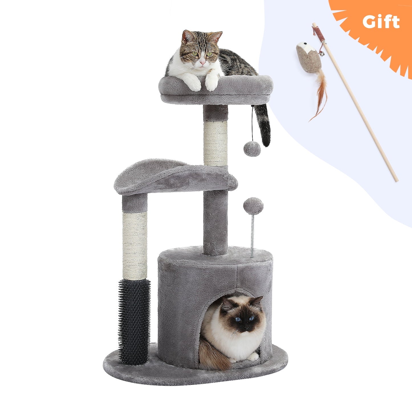 Cat Tree with two Cats on a white background, including a Toy and 'Gift' label.