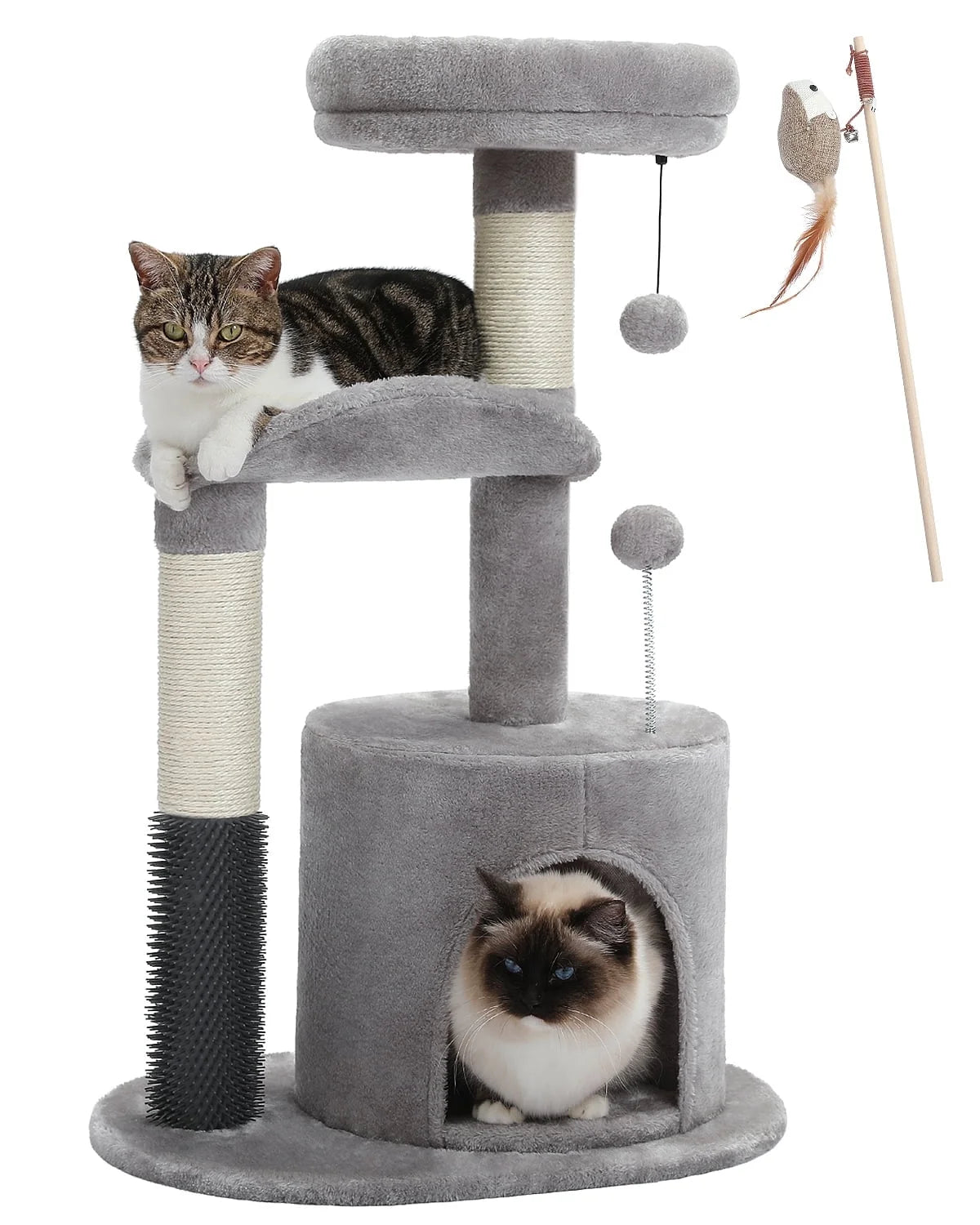 Cat Tree with two Cats and a Feather Wand Toy on a white background.