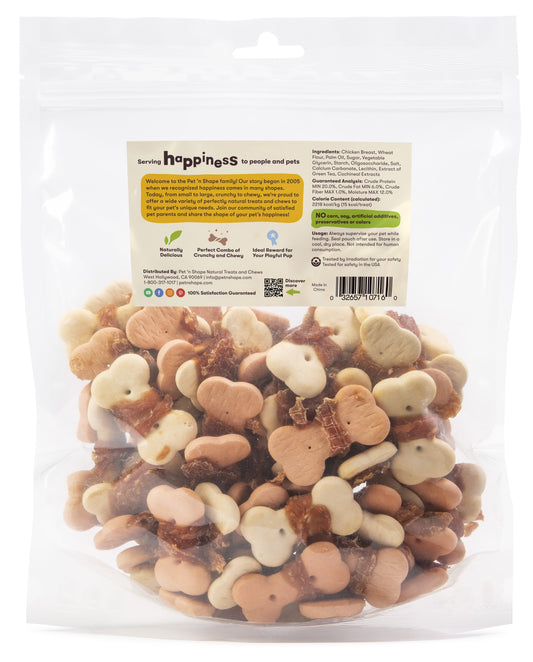 Packaged dog treats with a visible label on a white background.