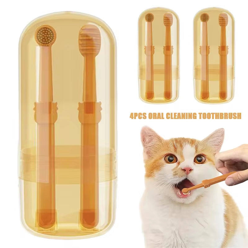 Cat dental care product with toothbrushes and a cat being brushed, with text "4 PCS Oral Cleaning Toothbrush".