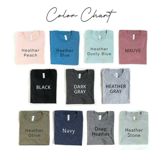 Color chart of folded shirts in various colors with labels on a white background