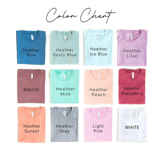 Color chart of various heathered t-shirt colors on a white background