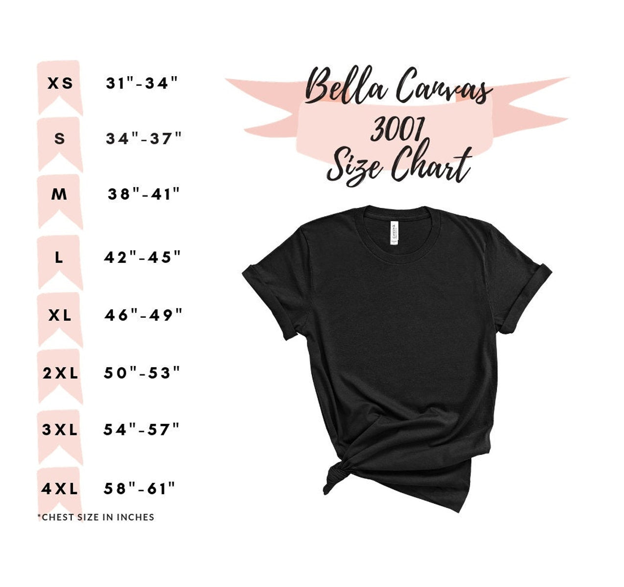 Bella Canvas 3001 size chart with a black t-shirt on a white background