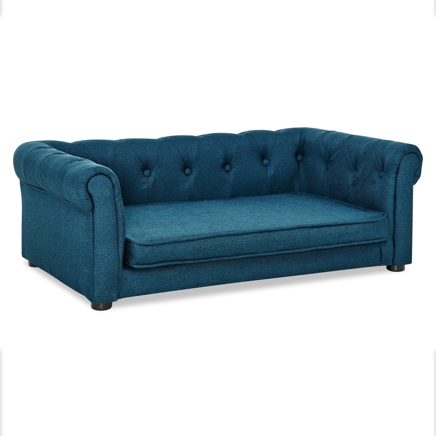 Blue tufted sofa on a white background