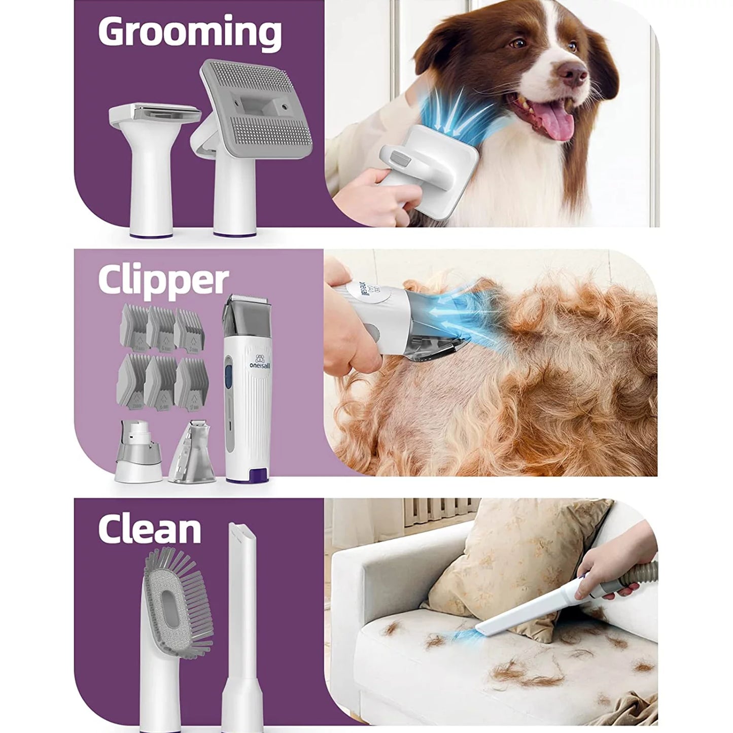 Dog Grooming Products - Including a Clipper, Cleaner, and a Dog with a Blue Light on its Neck.
