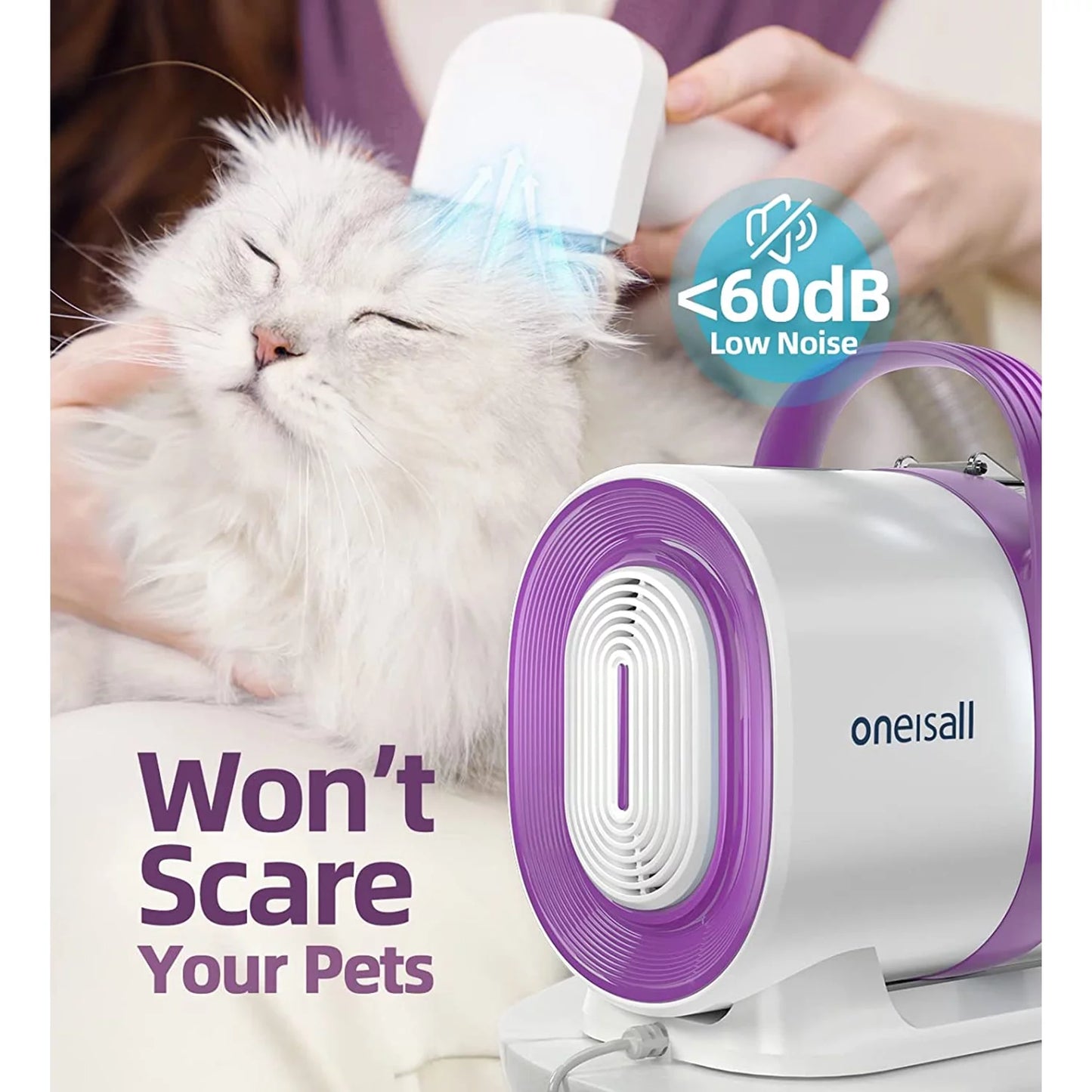Pet Vacuum with a White/Purple Design, Featuring a Cat being Groomed, and Text indicating Low Noise Level.