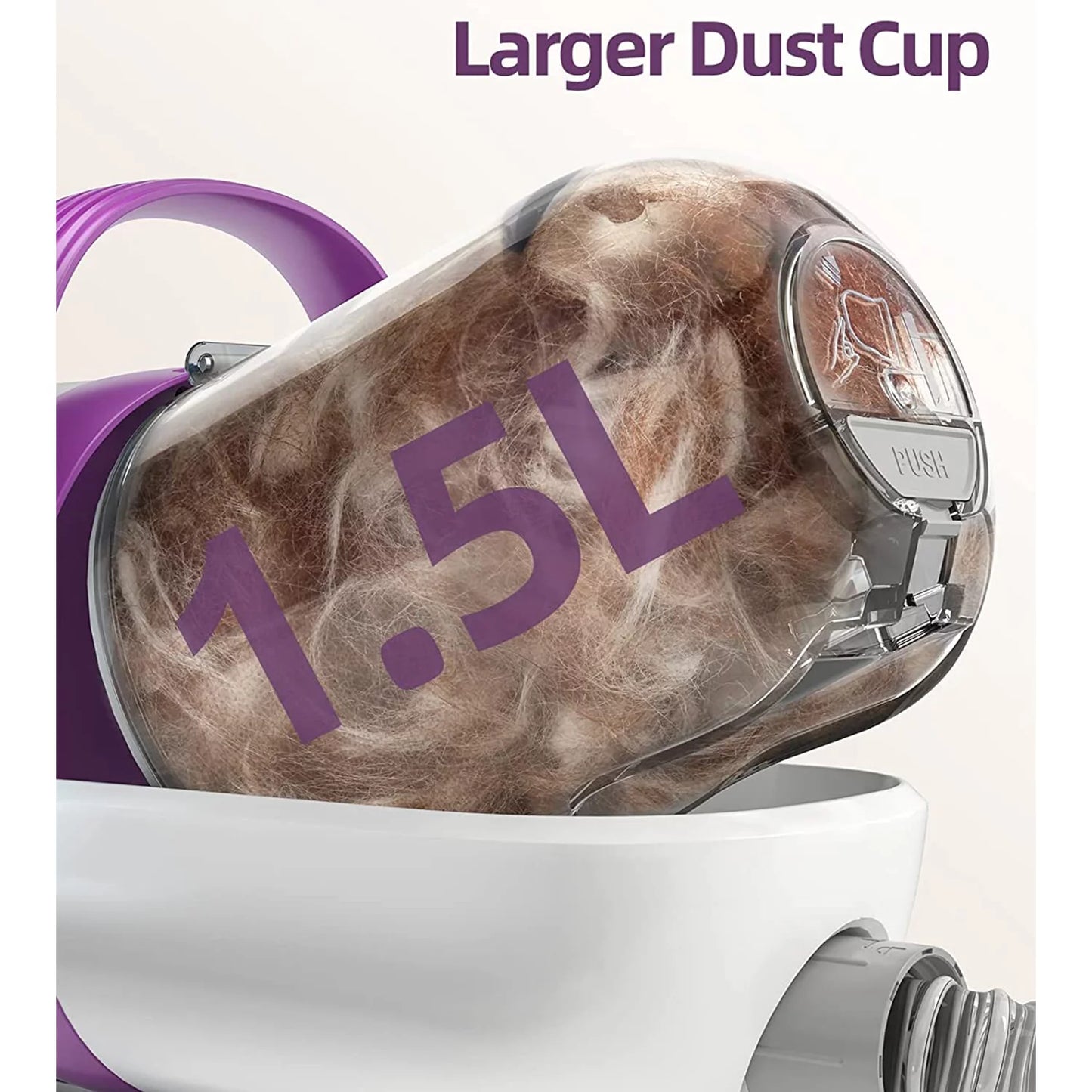 Dust Bin with '1.5L' Label and Purple Handle on a White Background.