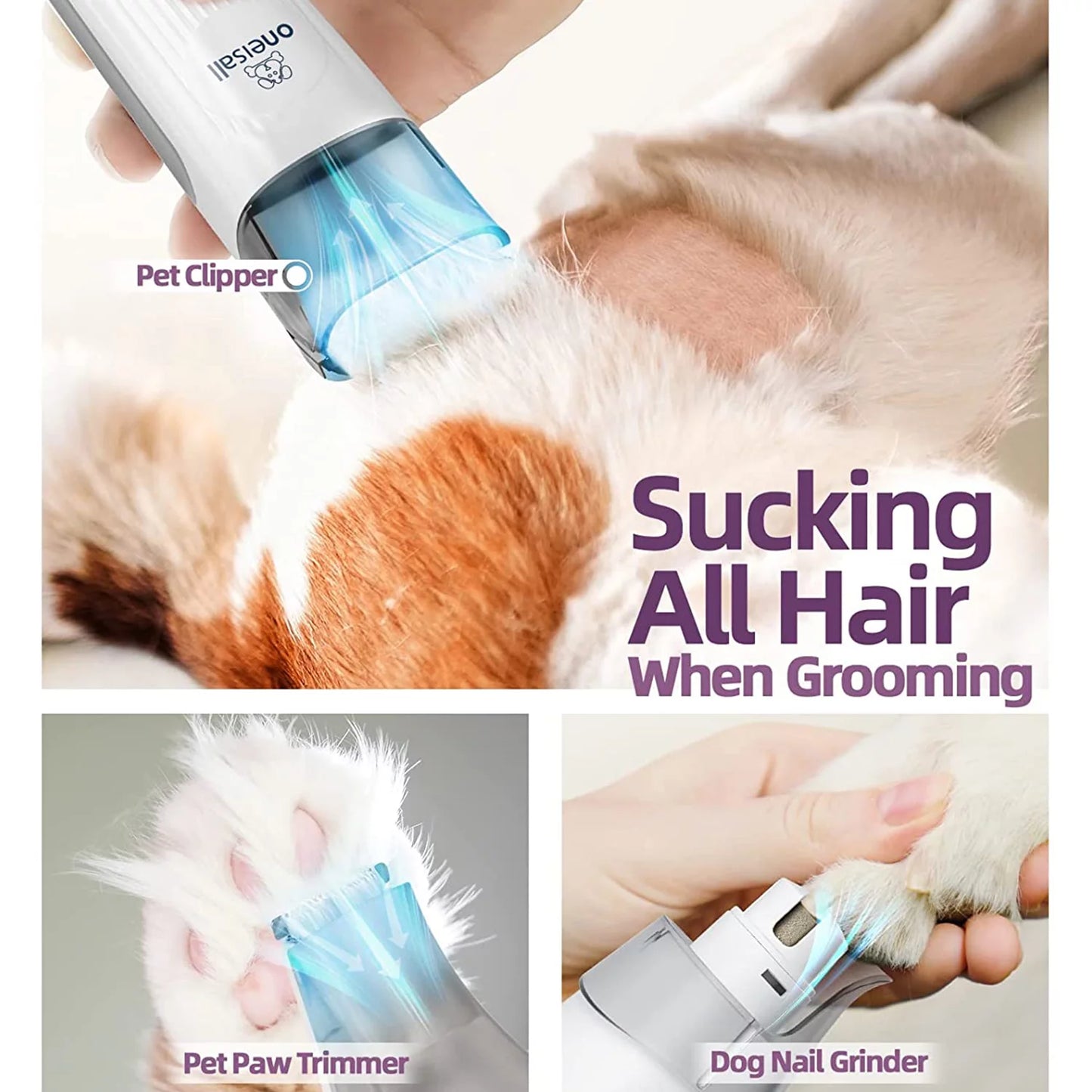 Pet Grooming Tools - Includes a Pet Clipper, Paw Trimmer, and Nail Grinder being used on a Dog.