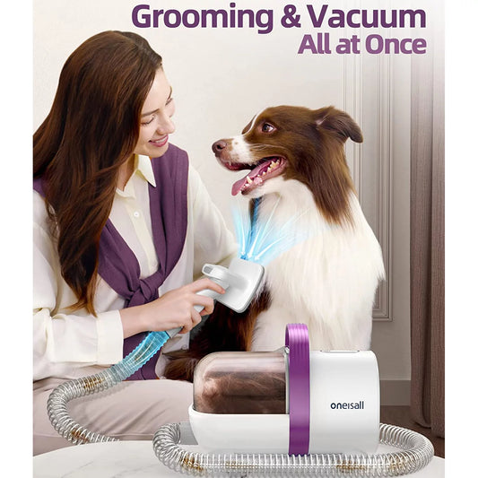 Grooming: Woman using a Grooming and Vacuum Device on a Dog with Text 'Grooming & Vacuum All at Once' above.