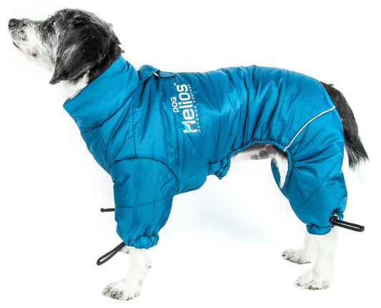Blue dog coat with 'Helios' branding on a white background