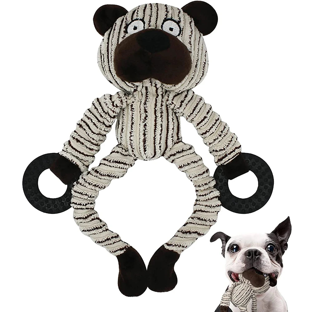 Squeaky Plush Puppy Toys - Zebra-striped dog toy with black accents next to a small dog.