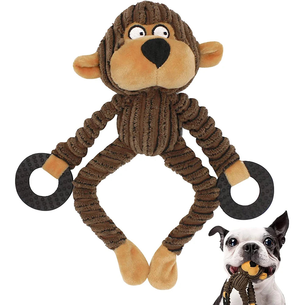 Squeaky Plush Puppy Toys - Plush Monkey Toy with Black Rings and a Dog Chewing on a Similar Toy.