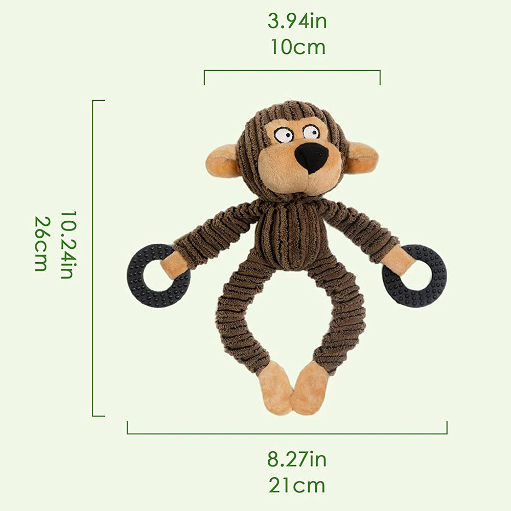 Squeaky Plush Puppy Toys - Measurement Chart of a Monkey-Shaped Toy with Dimensions Labeled.