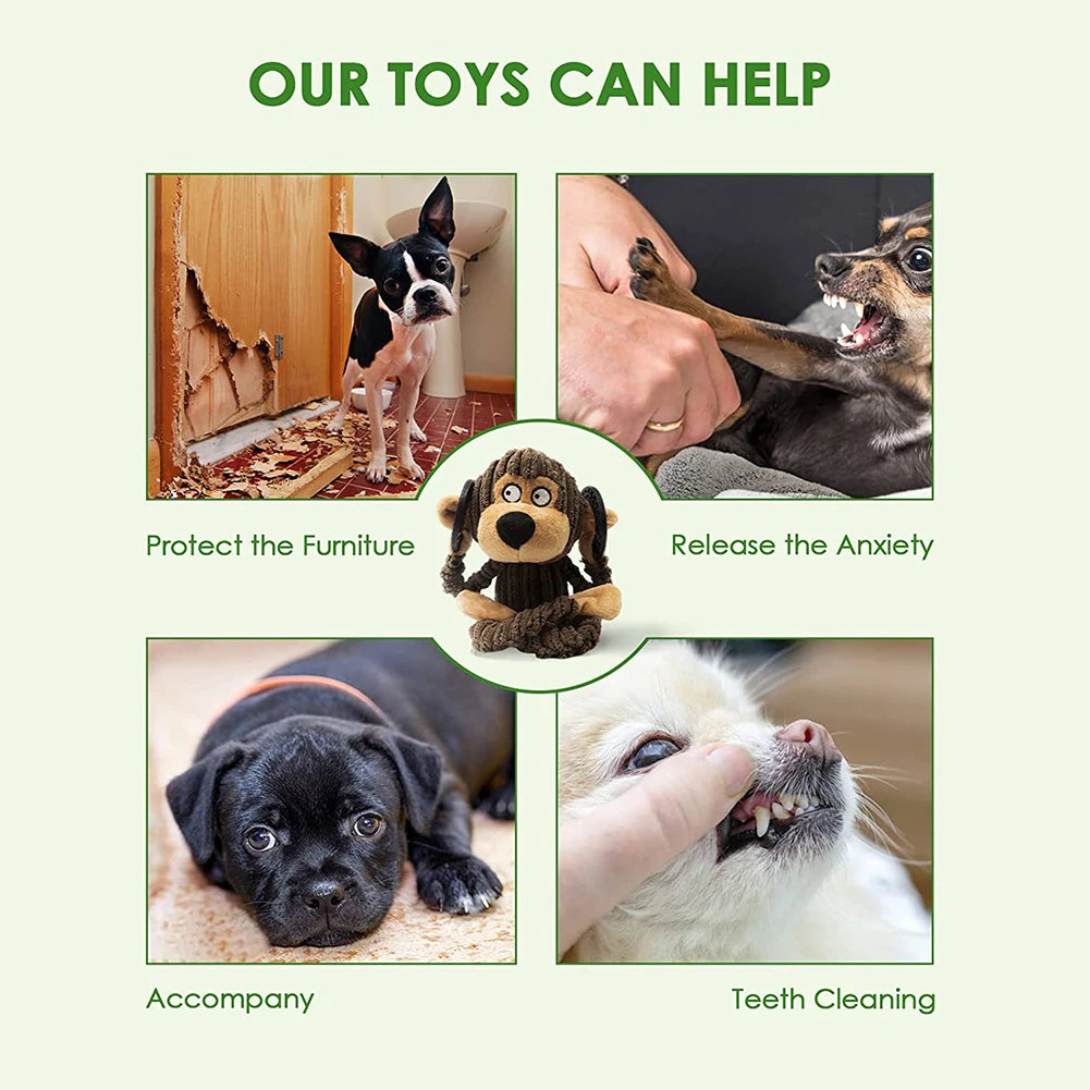 Squeaky Plush Puppy Toys -Promotional Image of Dog Toys with Text Highlighting their Benefits.