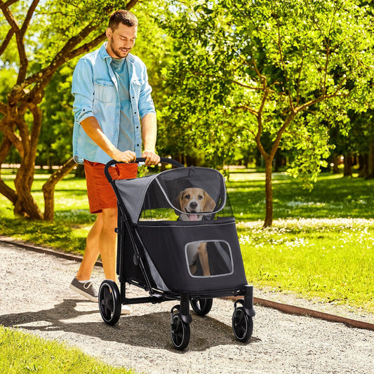 Man pushing a pet stroller with a dog in a park